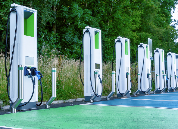 Series of EV charging stations outdoors